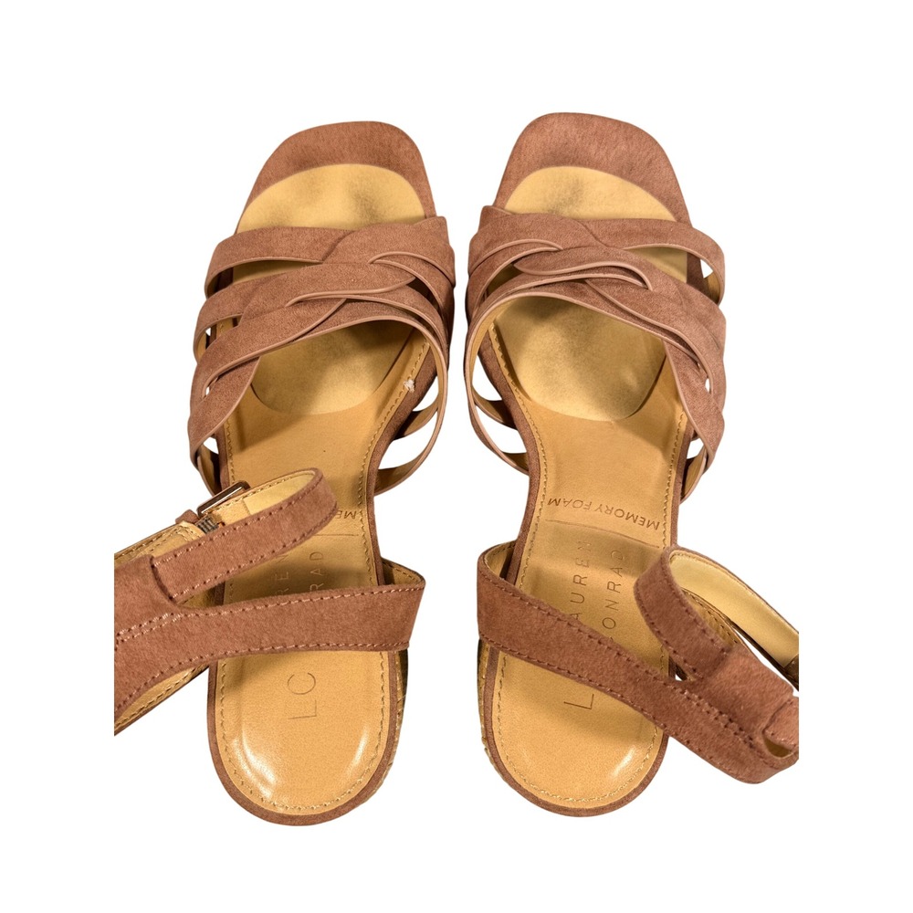 Lauren Conrad Mauve Faux Suede Block Heel Sandals‎ Raffia Woven Heel Size 8.5